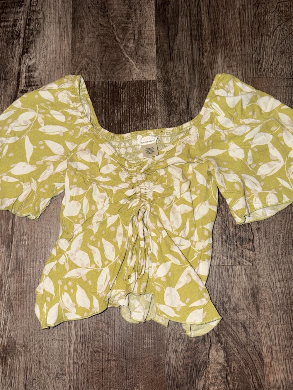 URBAN Romantics Lime Green and White Floral Ruched Square-Neck Blouse